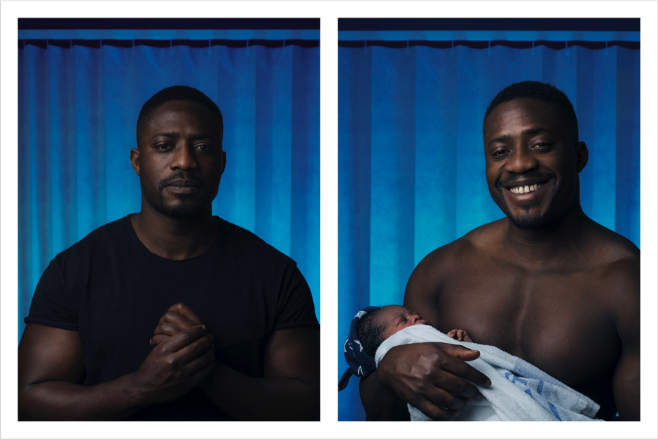 Duas fotos de um homem: primeiro tenso e depois sorrindo aliviado com o bebê no colo.